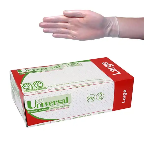 Universal Vinyl Examination Gloves 6.5g Low Powder Large Clear HACCP Grade 100 Box x10