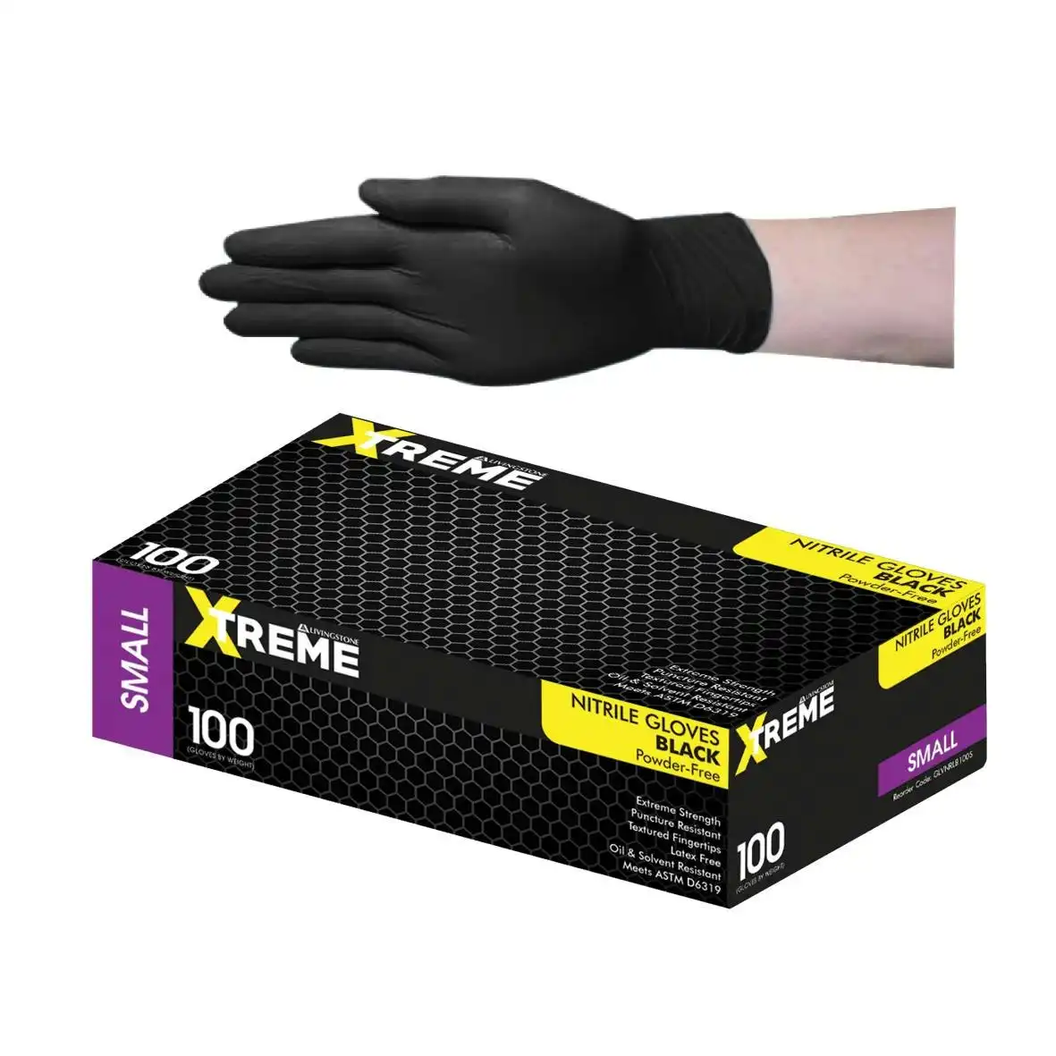 Livingstone Xtreme Thick Heavy Duty Nitrile Gloves, Powder Free, EN374, Small, Black, 100/Box, 1000/Carton