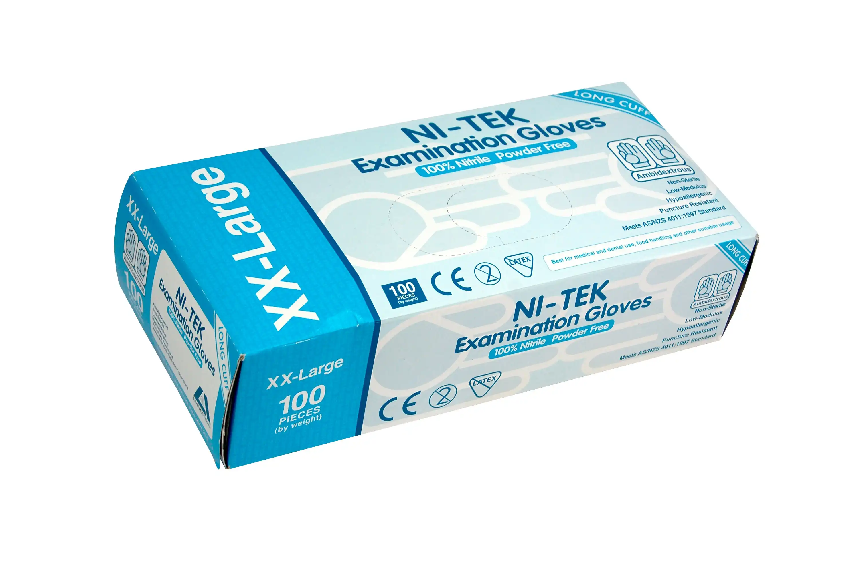 Ni-Tek Nitrile Powder Free Double Extra Large Blue Long Cuff 300mm AS/NZ HACCP Grade 100 Box