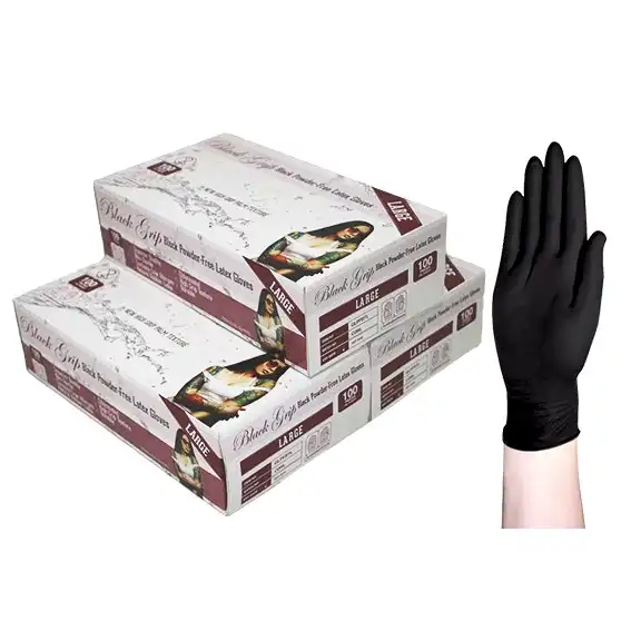 Black Grip Latex Powder Free Large Black Gloves 100 Box x 10