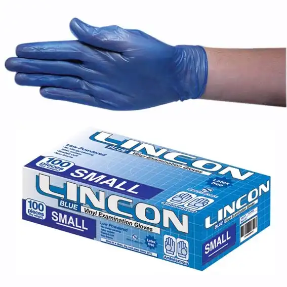 Lincon Vinyl Low Powder Gloves 4.5g Small Blue HACCP Grade 100 Box
