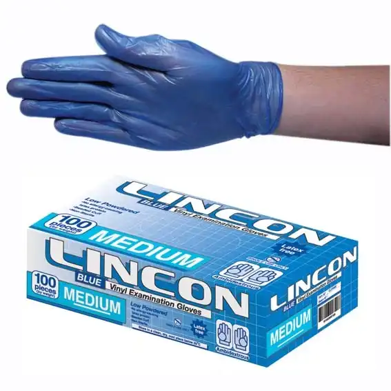 Lincon Vinyl Low Powder Gloves 5.0g Medium Blue HACCP Grade 100 Box