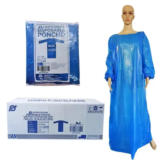 Livingstone Disposable Blue Poncho Long Sleeve Hoodless Low Density Polyethylene (LDPE) 100 x 145cm 100 Packs