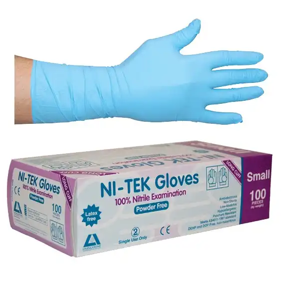 Ni-Tek Nitrile Powder Free Gloves Small Blue Long Cuff 300mm AS/NZ HACCP Grade 100 Box