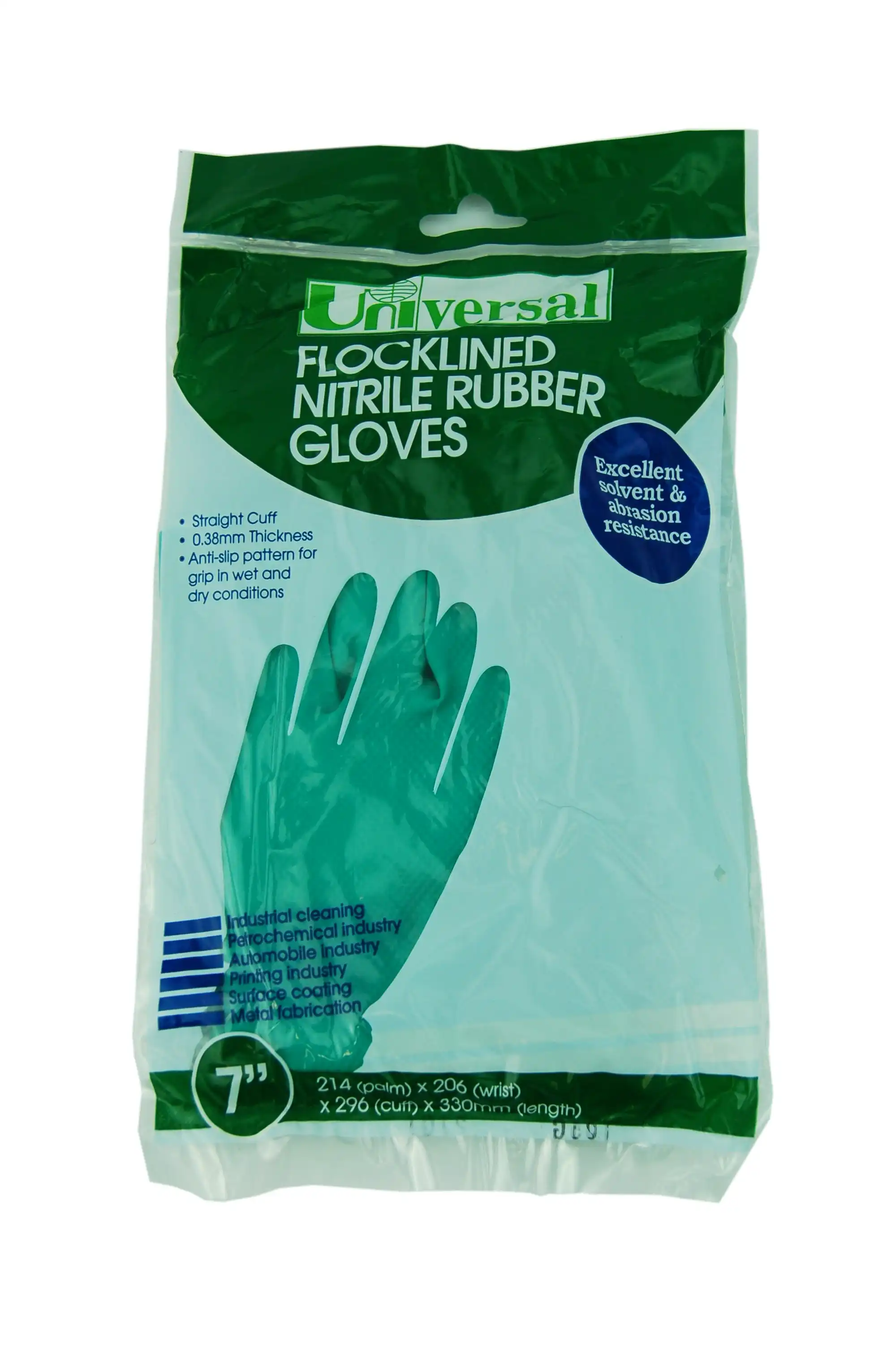 Universal Flocklined Nitrile Gloves Heavy Duty size 7 33cm Long Green 1 Pair