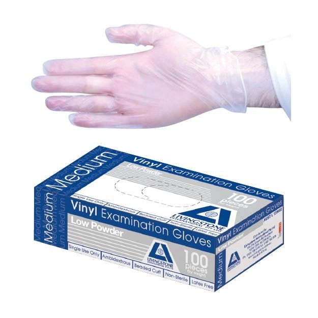 Livingstone Vinyl Low Powder Gloves 6.0g Medium Clear 100 Box x10