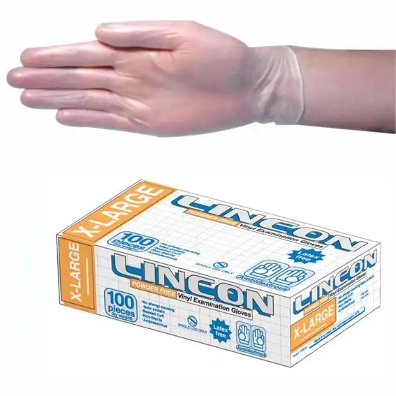 Lincon Vinyl Powder Free Glove 6.0g Extra Large Clear HACCP Grade 100 Box x10