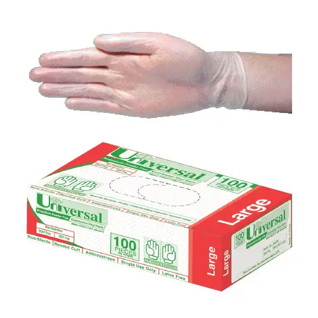 Universal Vinyl Powder Free Gloves 6.5g Large Clear 100 Box