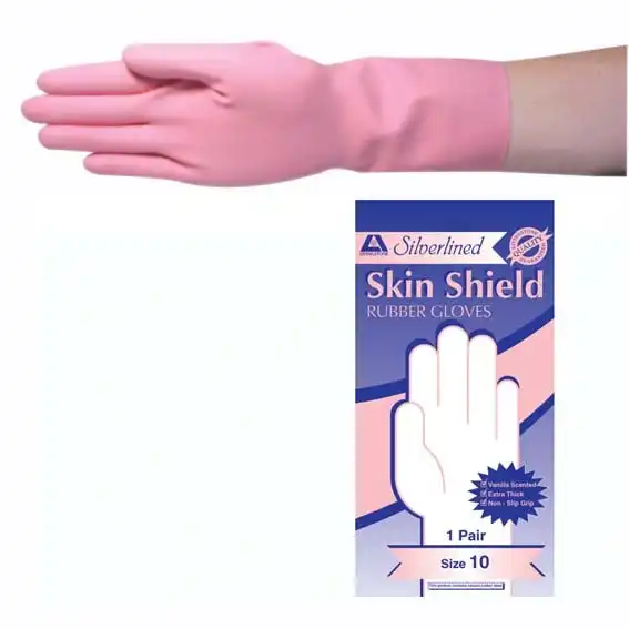 Skin Shield Silver Lined Natural Rubber Gloves Biodegradable Size 10-10.5 Pink Vanilla Scent 1 Pack