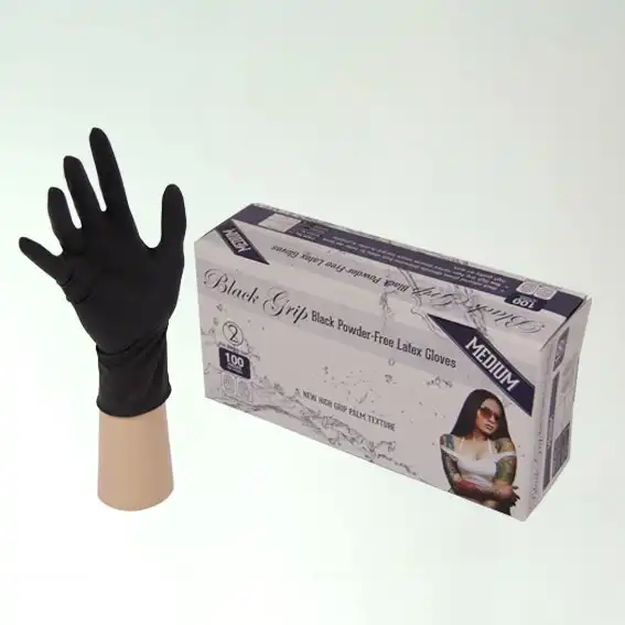 Black Grip Latex Powder Free Medium Black Gloves 100 Box