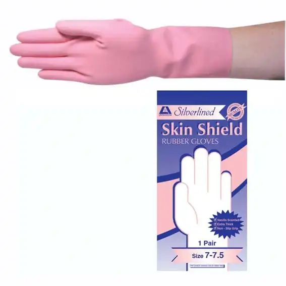 Skin Shield Silver Lined Natural Rubber Gloves Biodegradable Size 7.5 Pink Vanilla Scent 1 Pair