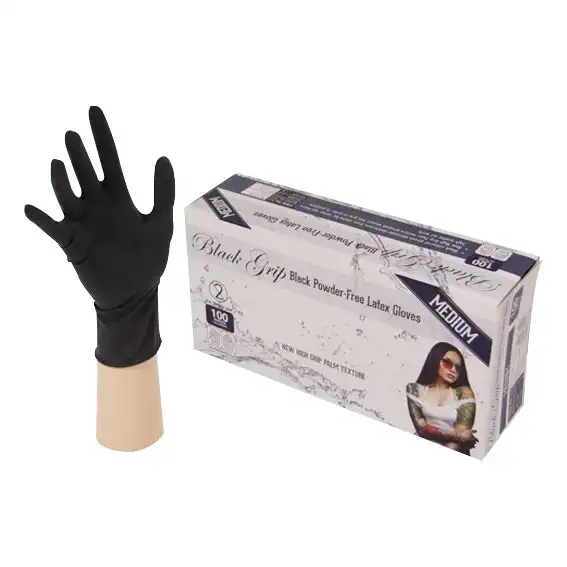 Black Grip Latex Powder Free Medium Black Gloves 100 Box x10