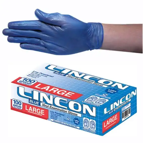 Lincon Vinyl Gloves, Recyclable, 5.5g, Low Powder, Large, Blue, HACCP Grade, 100/Box