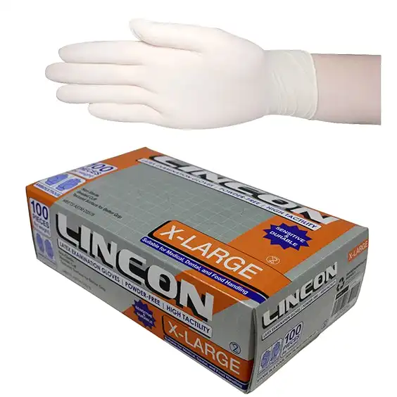 Lincon Latex Powder Free Gloves Extra Large Cream ASTM HACCP Grade 100 Box