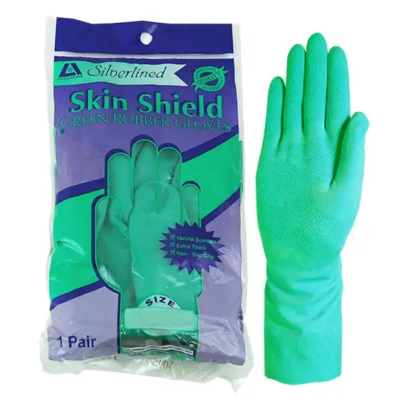 Skin Shield Silver Lined Natural Rubber Gloves Biodegradable Size 8 Green Vanilla Scent 1 Pair