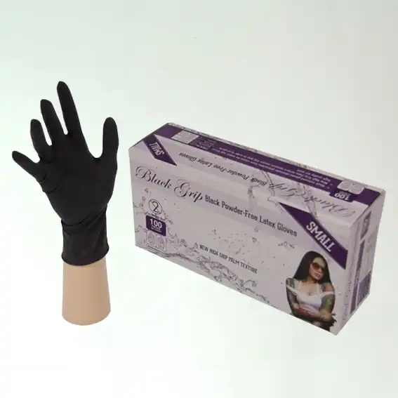Black Grip Latex Powder Free Small Black Gloves 100 Box