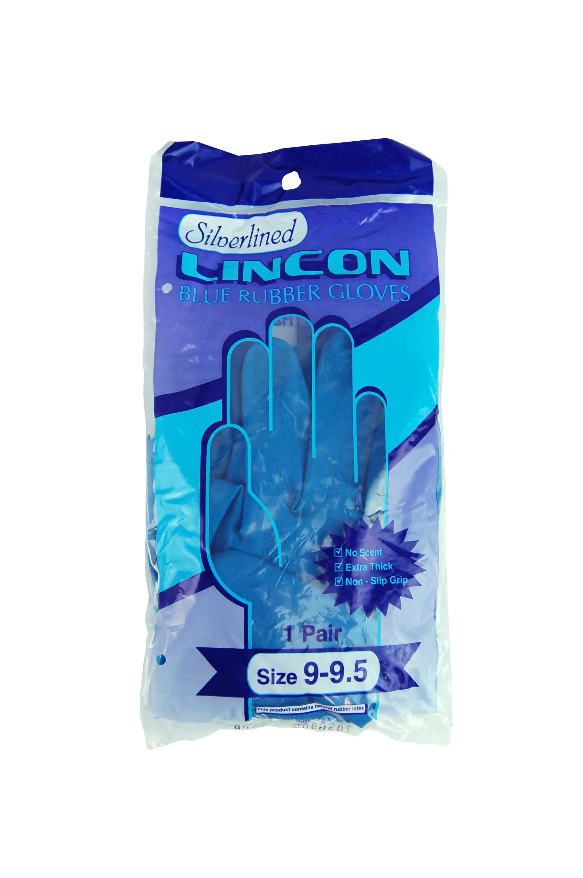 Lincon Silverlined Natural Rubber Gloves with Silver Lining Biodegradable Size 9-9.5 Blue Unscented Pair