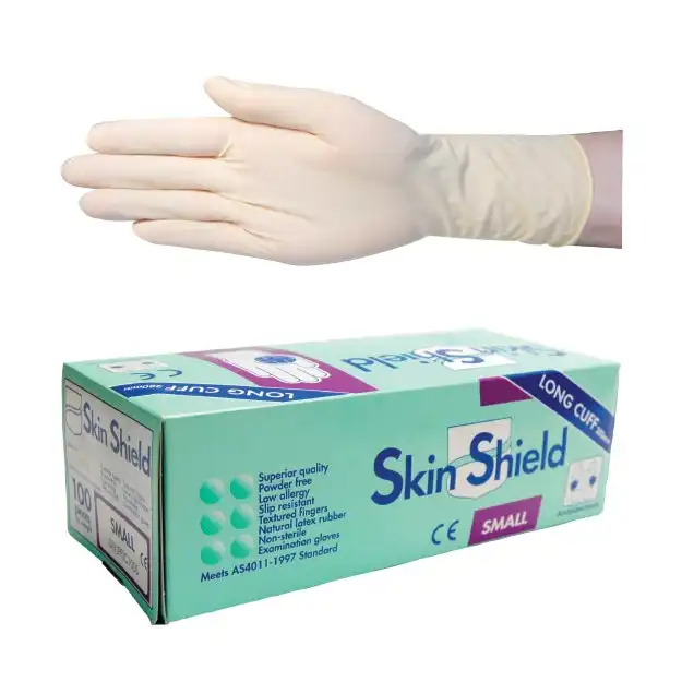 Skin Shield Latex Powder Free Gloves Small Cream AS/NZ Standard Long Cuff 30cm 100 Box