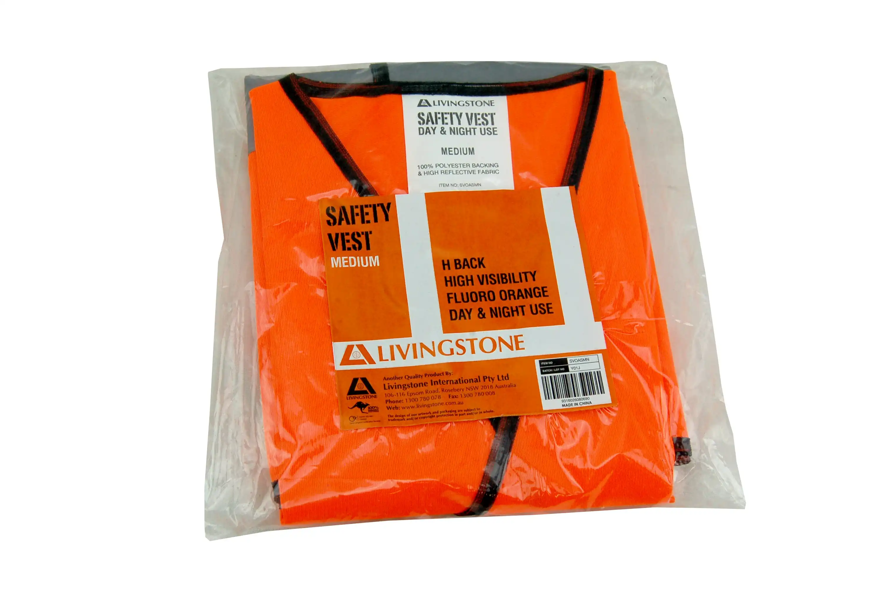 Livingstone High Visibility Safety Vest M H Back Reflective Pattern Orange, Day/Night Use