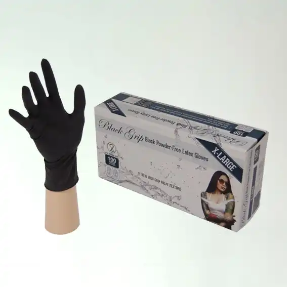 Black Grip Latex Powder Free Extra Large Black Gloves 100 Box