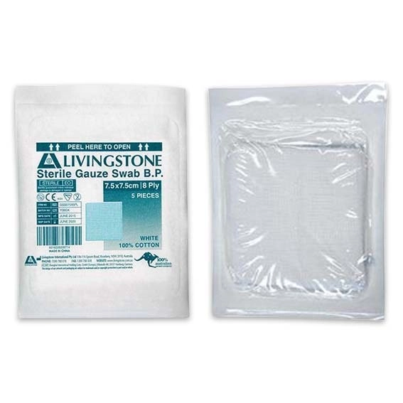 Livingstone Sterile Gauze Swabs 7.5 x 7.5 cm x 8 ply White 5 Pack x 100