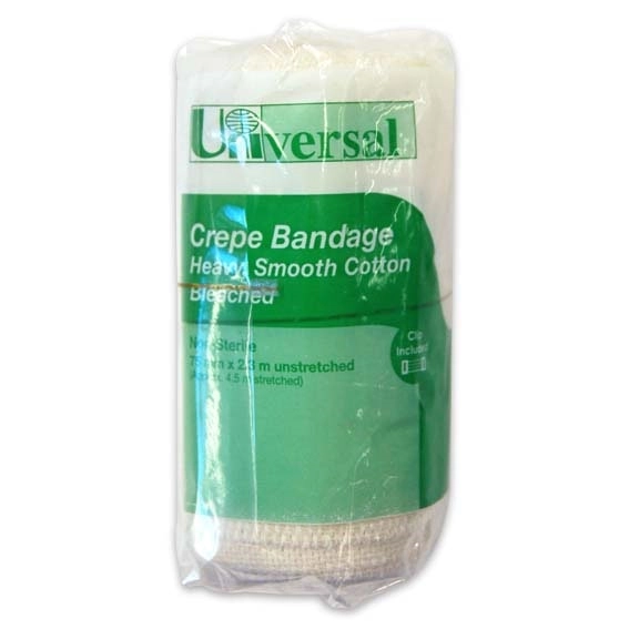 Universal Crepe Bandage 7.5cm x 2.3m Unstretched 4.5m Stretched Bleached White 12 Pack