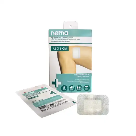 Nema Adhesive Island Dressing with Non-Adherent Pad, Nonwoven 7.5 x 5cm Sterile 5 per Retail Box