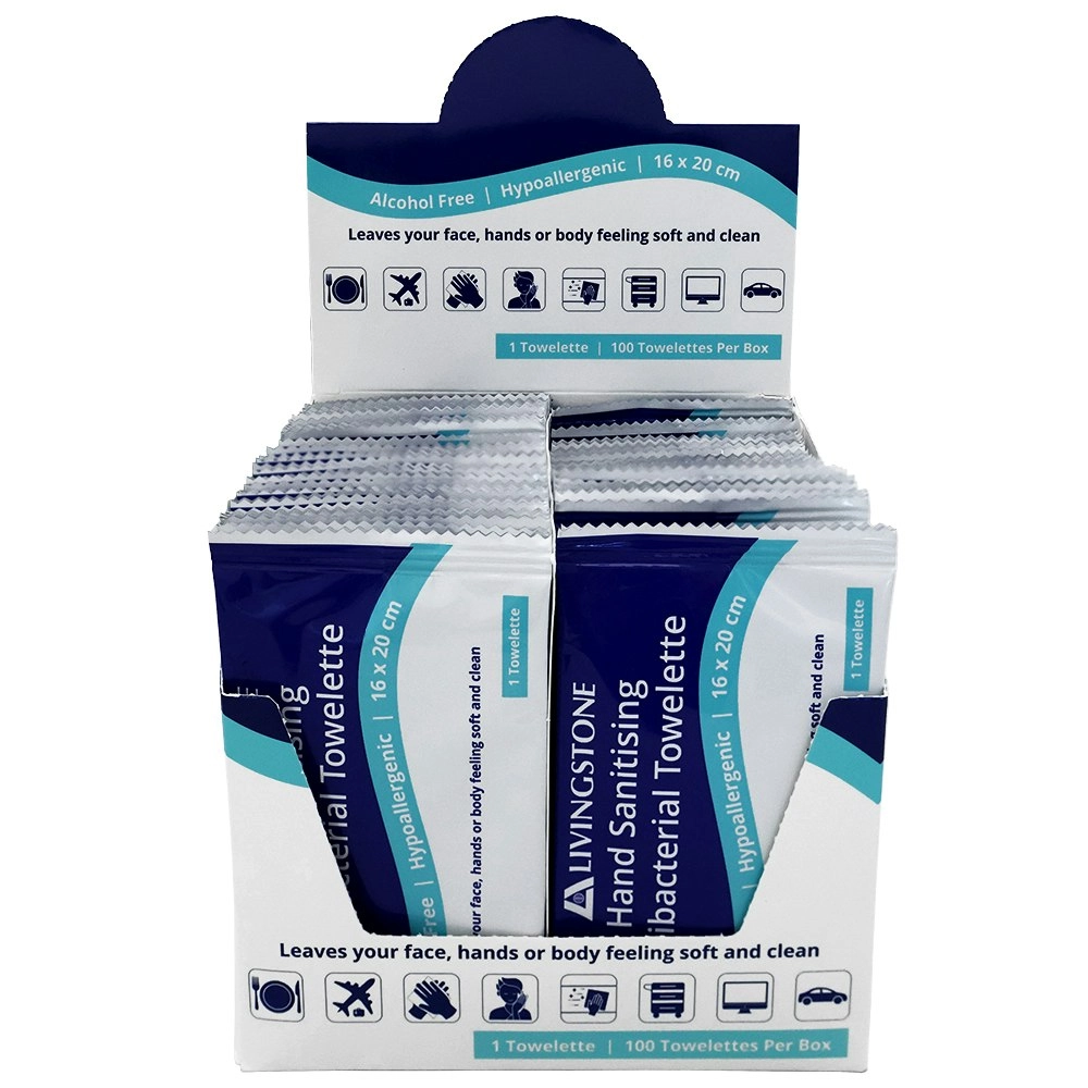 Livingstone Hand Sanitising Antibacterial Towelette Wipe 16 x 20cm 100 Bag x8