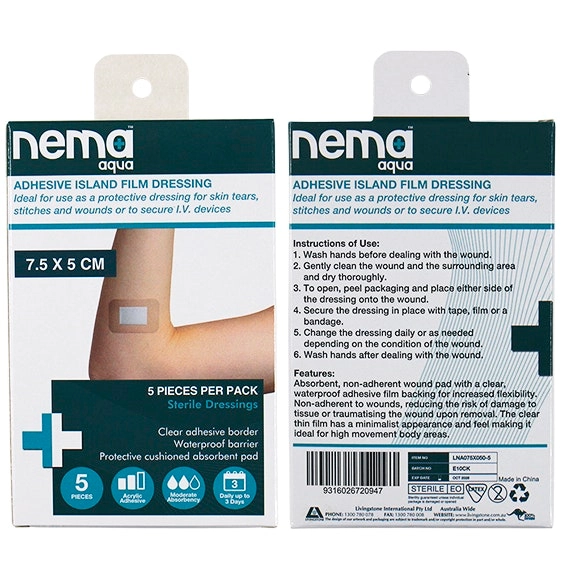 Nema Aqua Transparent Island Film Dressing with Non-Adherent Pad 7.5 x 5cm Sterile 5 Pack