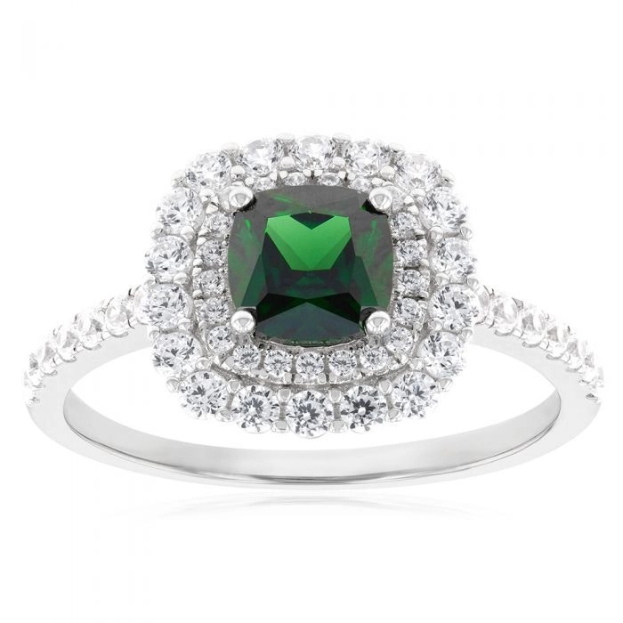 Sterling Silver Rhodium Plated Green And White Cubic Zirconia Cushion Ring