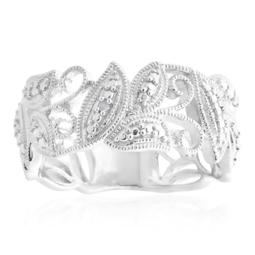 Sterling Silver Filigree Ring with 1 Brilliant Cut Diamond