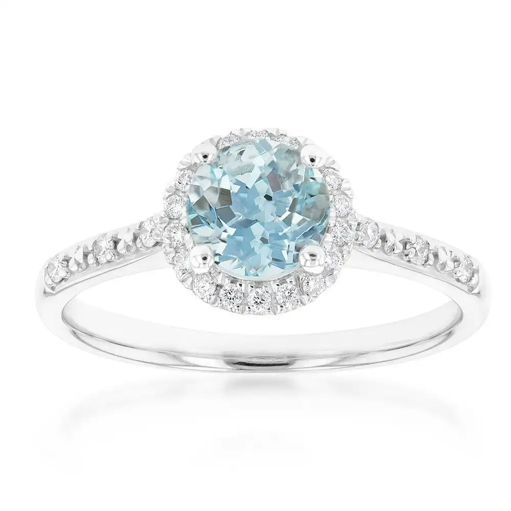 9ct White Gold 6mm Aquamarine and Diamond Halo Ring