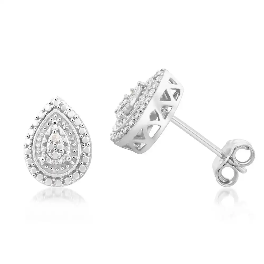Sterling Silver With 2 Diamond Pear Shape Earing Stud