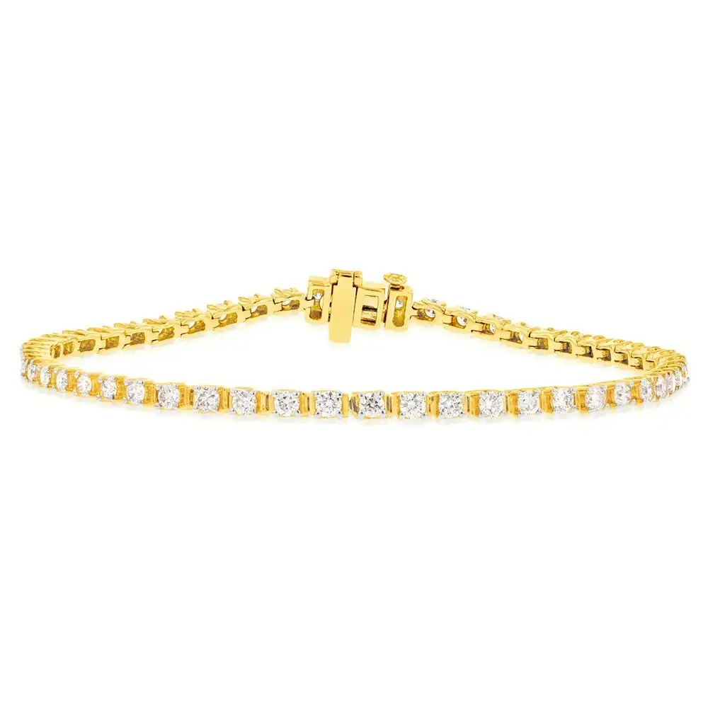 9ct Yellow Gold 2 Carat Diamond Tennis Bracelet set with 54 Brilliant Diamonds 18cm