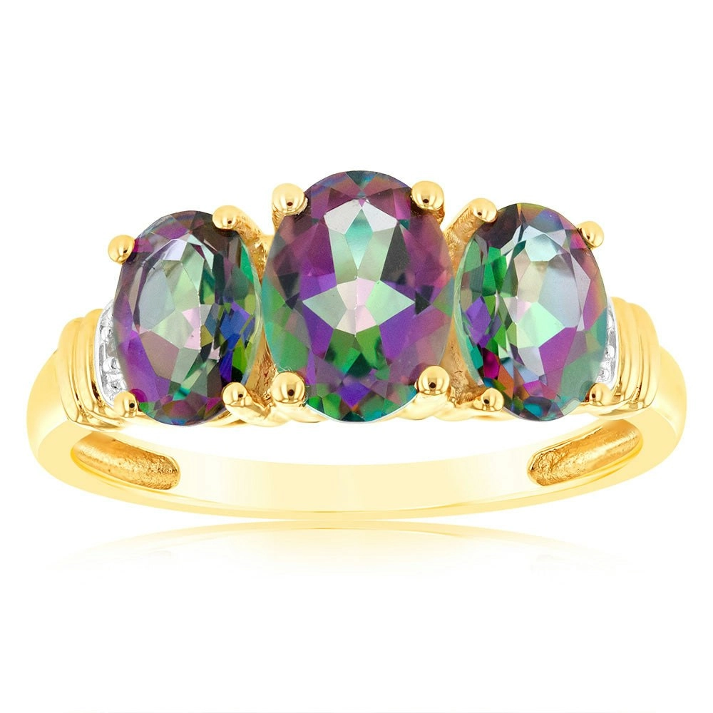 9ct Yellow Gold Oval Enhanced Mystic Topaz and Diamond Trilogy Ring