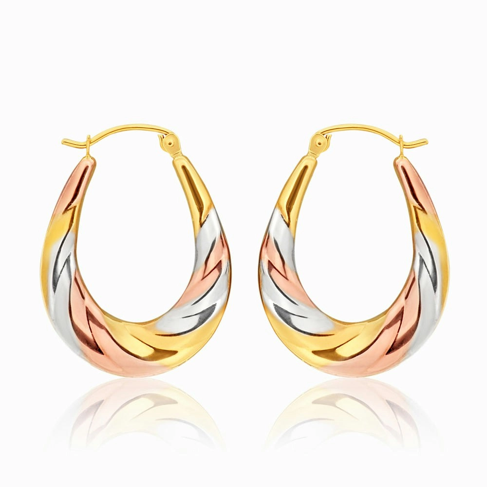 9ct three tone gold 13mm creoles with a twist