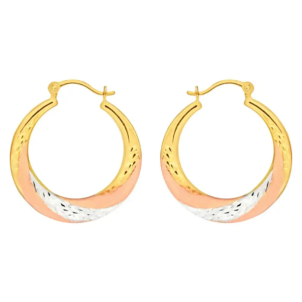 9ct Yellow Gold, White Gold & Rose Gold Swirl Creole Hoop Earrings