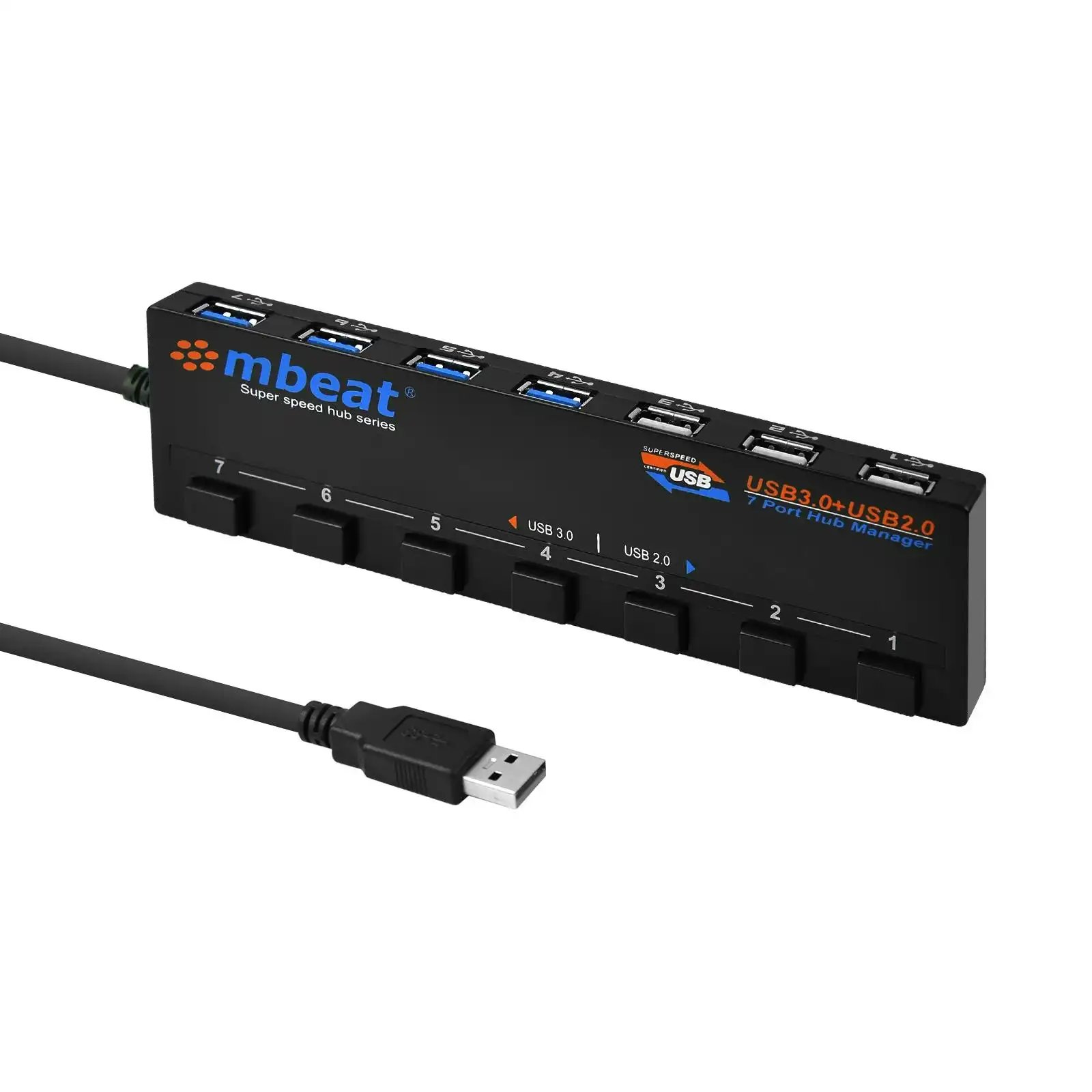 mBeat 7 Port Usb 3.0 & Usb 2.0 Powered Hub Manager - Black