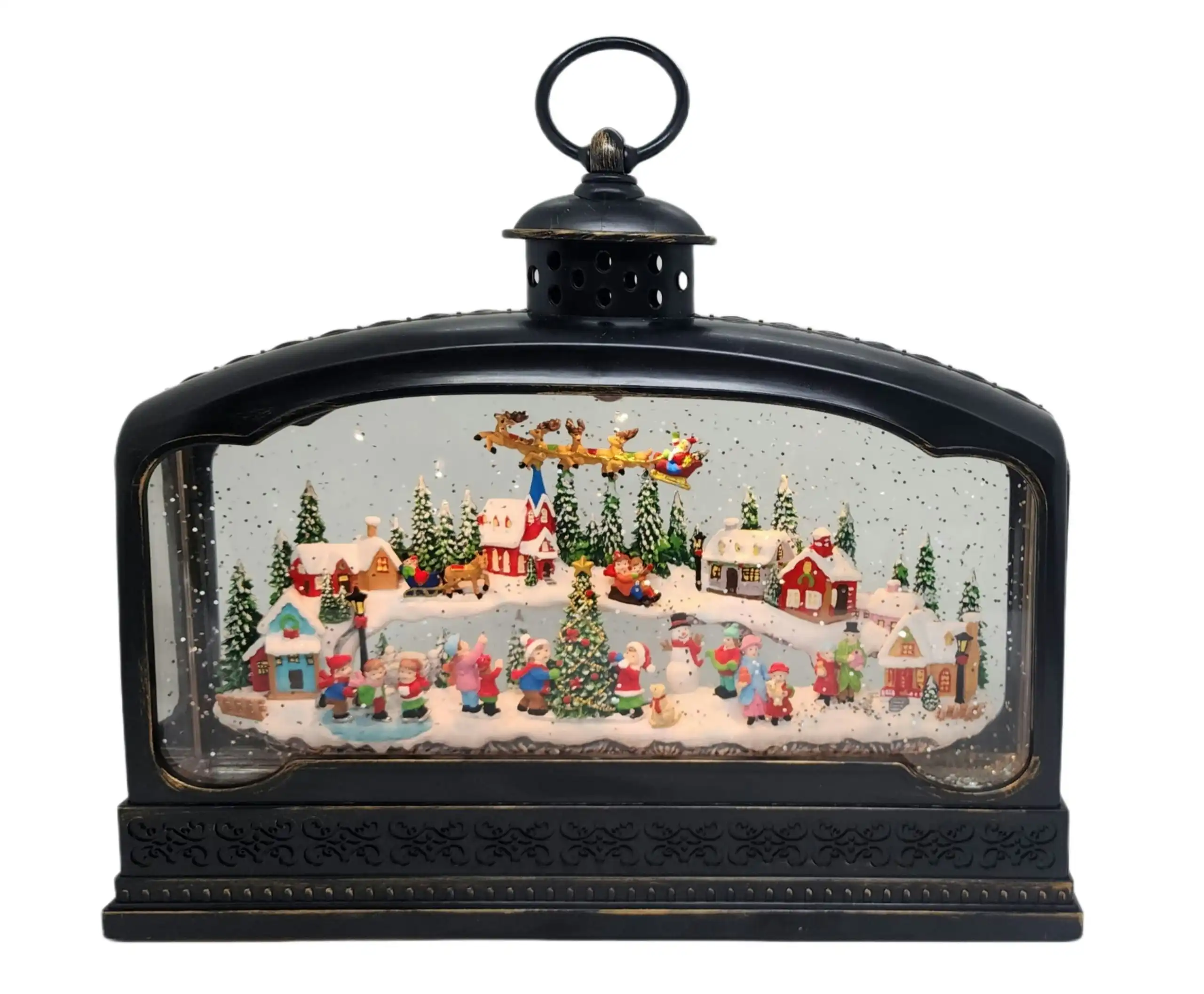 Cotton Candy - Xmas Lantern Extra Wide Brass Glitter Lantern North Village Scene With Santa Xac426