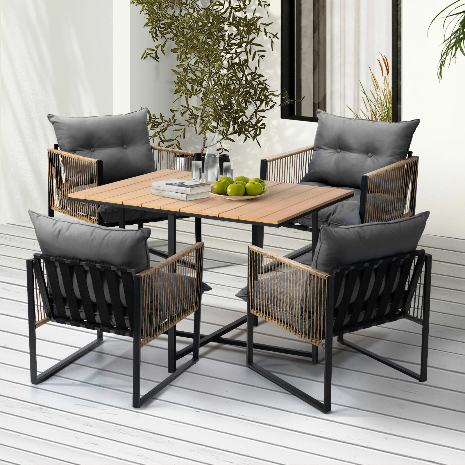 Livsip Outdoor Dining Set Furniture Patio Setting Wood-Plastic Table 4 Seater