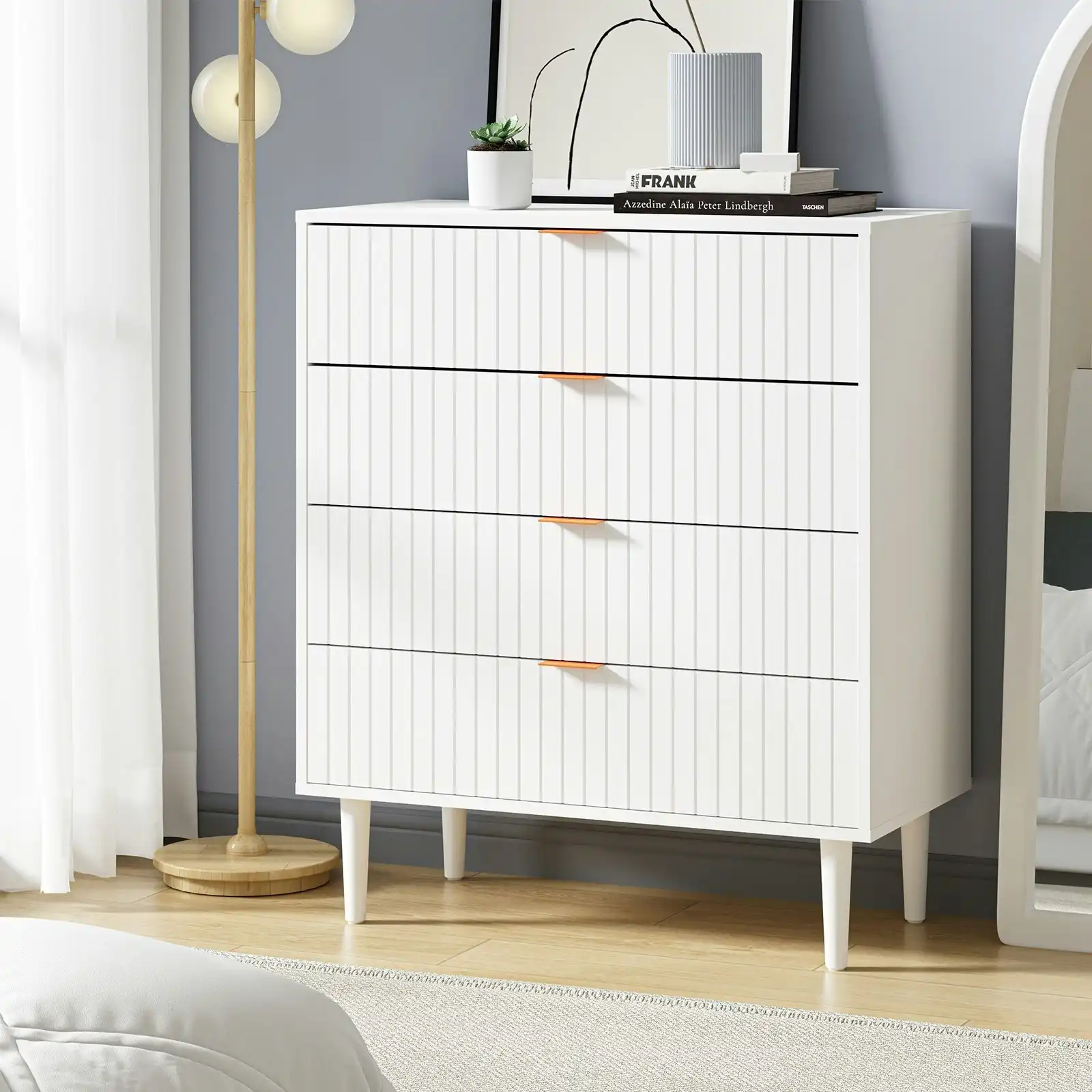 Oikiture 4 Chest of Drawers Dresser Table Tallboy Storage Cabinet White Gold