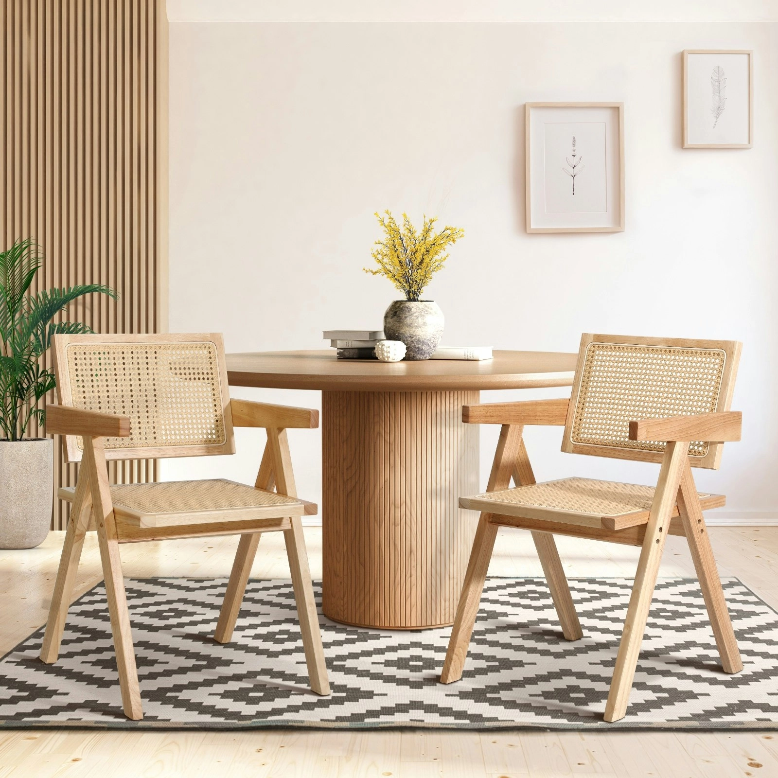 Oikiture 2x Dining Chairs Rattan Chair Wooden Accent Chair Natural