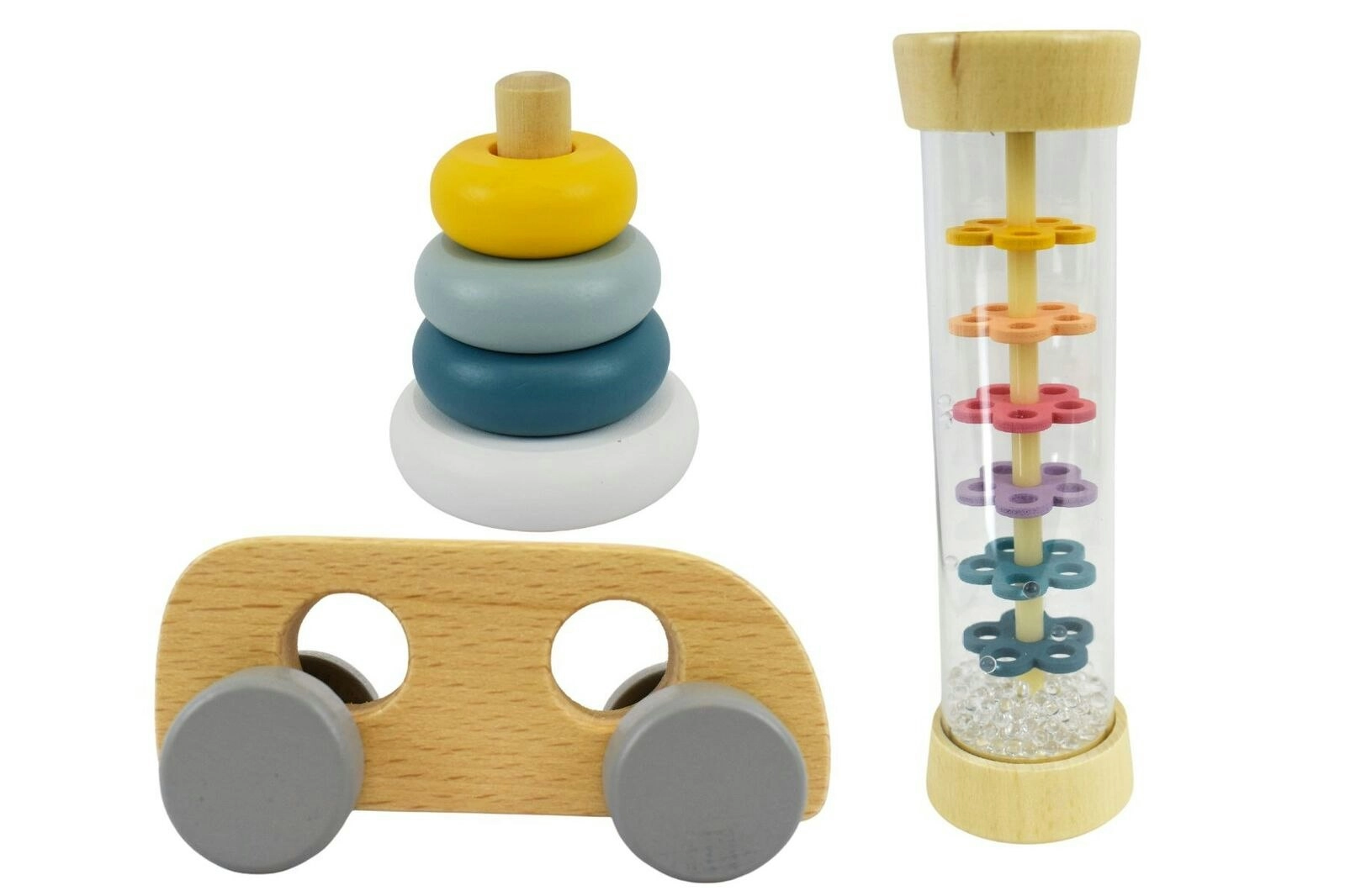 Kaper Kidz Calm & Breezy Baby Wooden Tuber/Car/Stacking Rings Play Toy Set 18m+