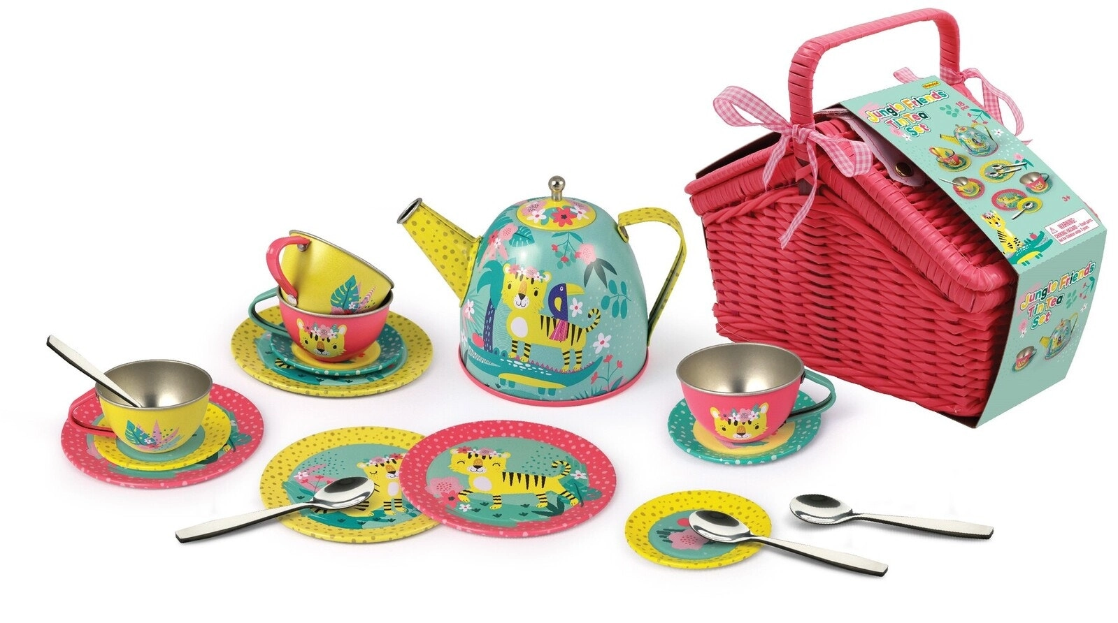 18pcs Kaper Kidz Tiger Themed Kids Pretend Play Tin Tea Set In Picnic Basket 3y+