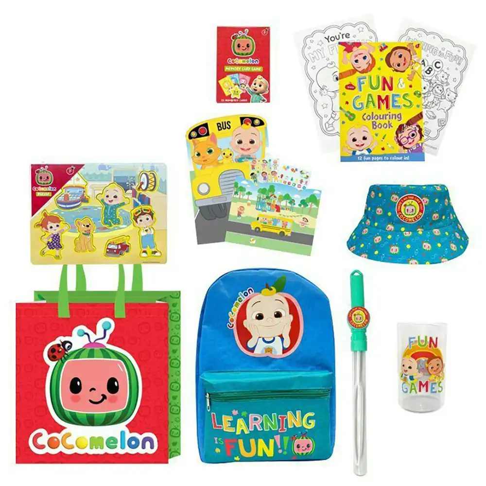 CoComelon 23 Kids Showbag Backpack/Bubble Stick Bucket Hat Memory Card Game