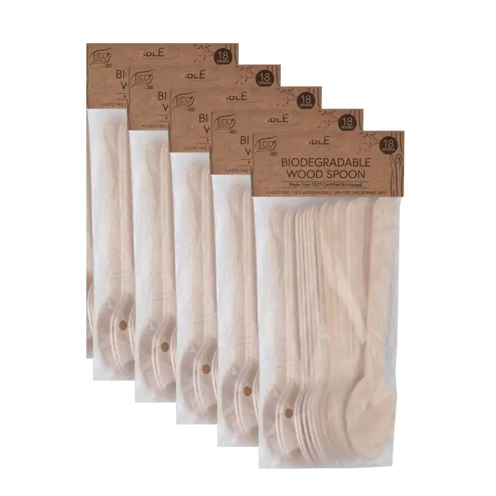 5x 18pc Eco Basics 16.5cm Biodegradable Birchwood Spoon Disposable Cutlery Brown