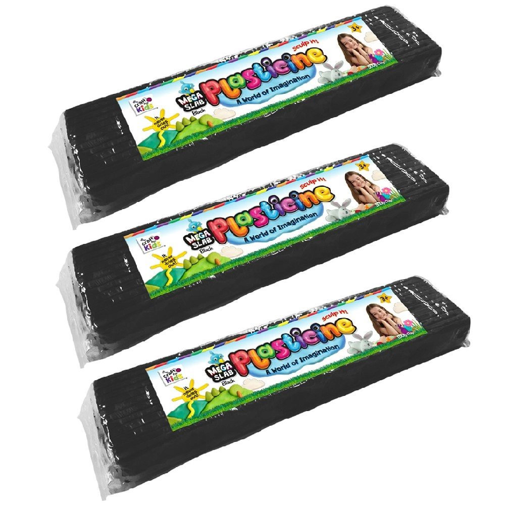 3x Craft for Kids Mega Slab Plasticine 500g Clay Block Art Craft Play Black 3y+