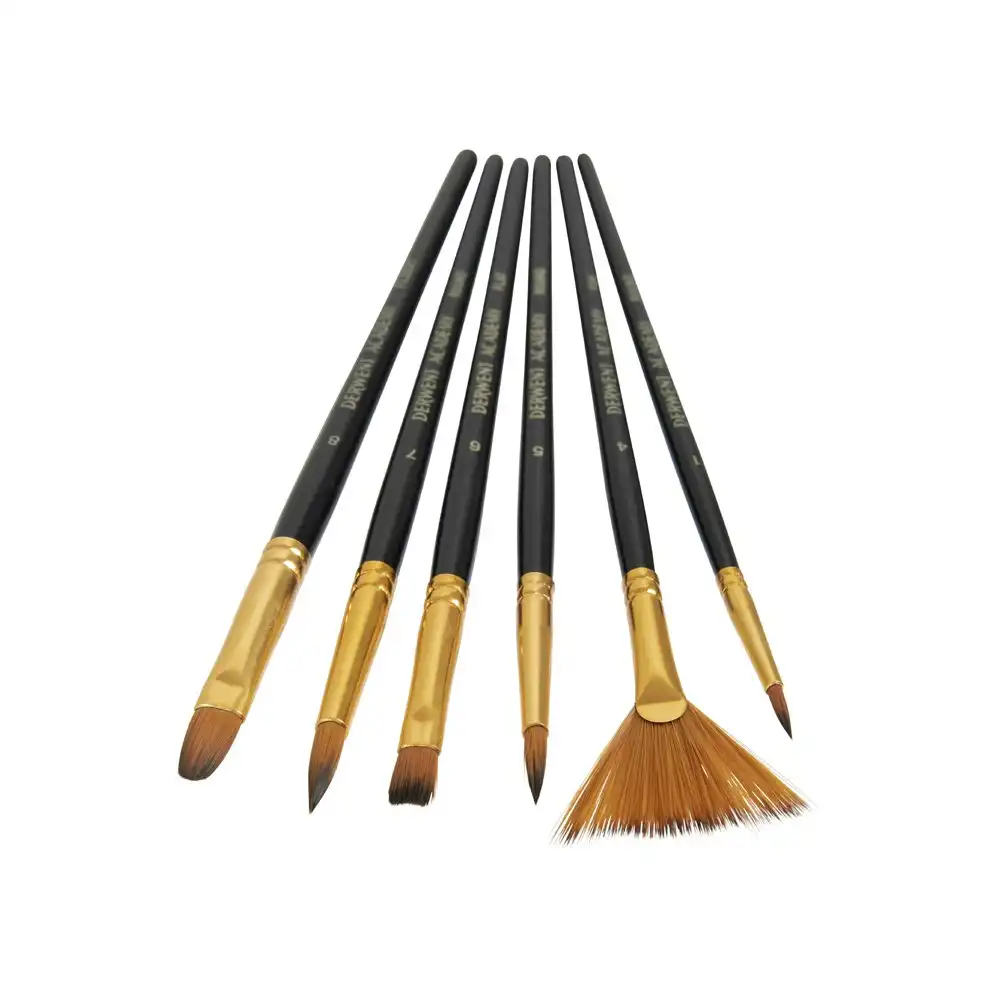 6pc Derwent Academy Art/Craft Wooden Flat/Round/Filbert Taklon Paint Brush Set