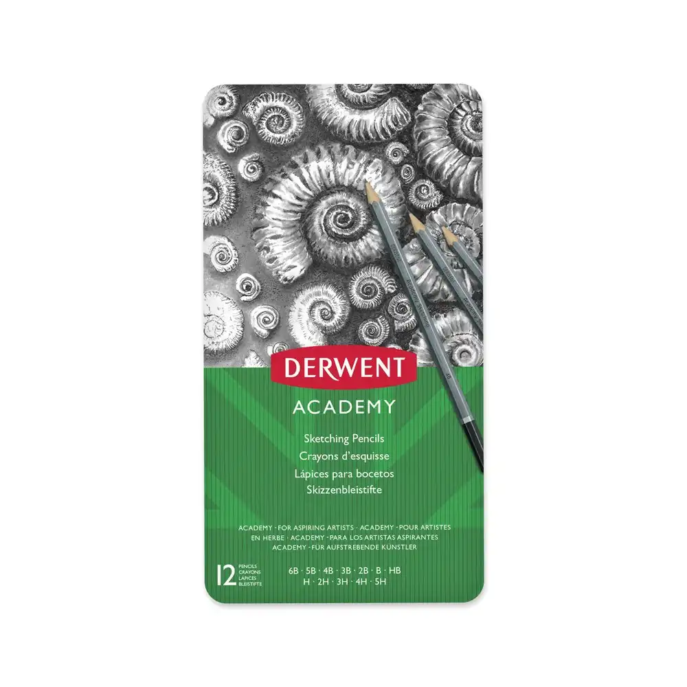 12pc Derwent Academy Art/Craft Hexagonal Sketch Pencil Tin 3B/2B/B/HB/H/2H Set