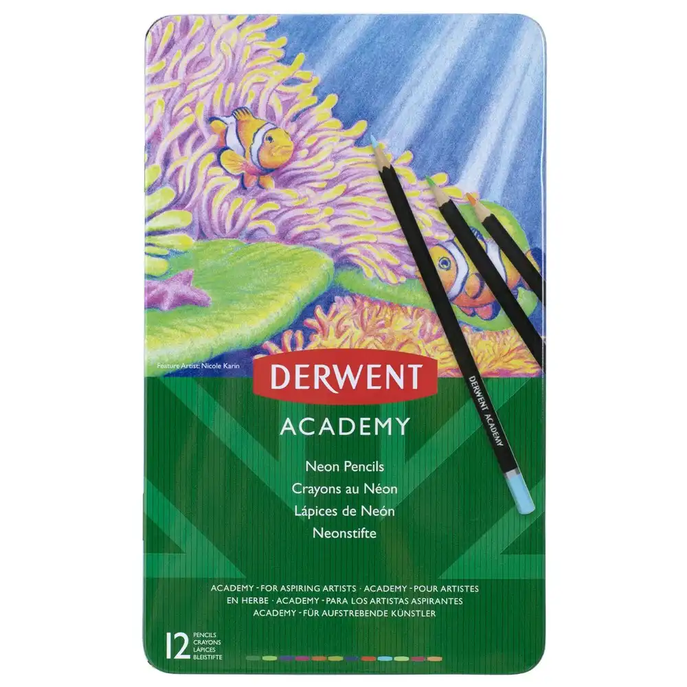 12pc Derwent Academy Art/Craft Hexagonal 3.3mm Core Neon Colour Pencil Tin Set